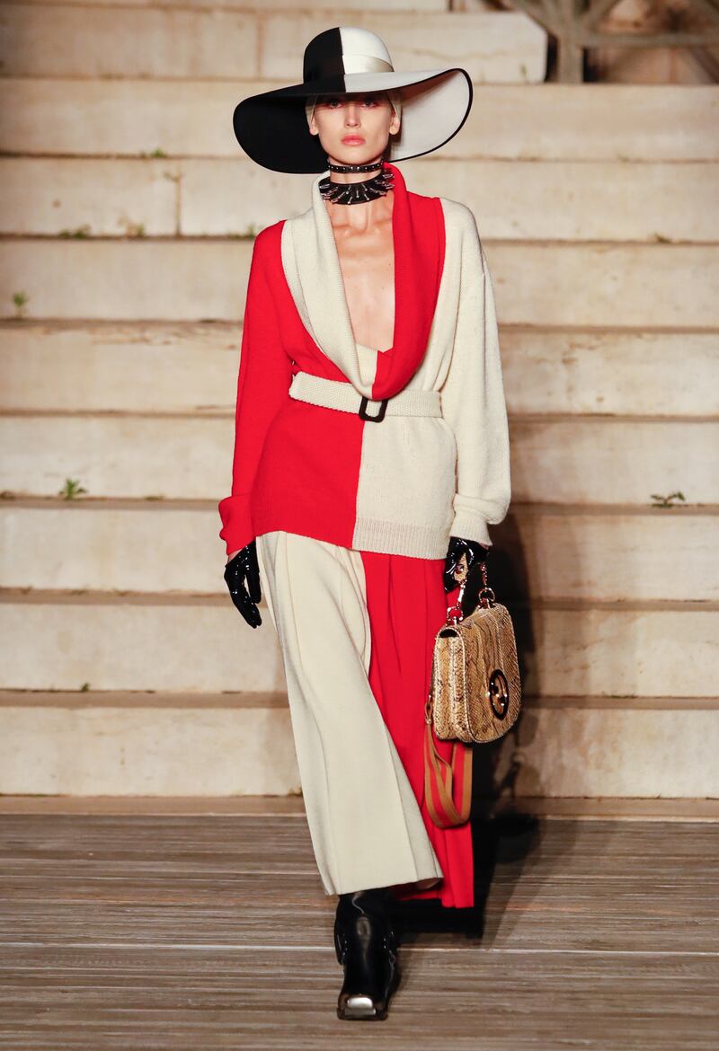 A two-tone, cowl-neck look from Gucci resort 2023. Photo: Gucci