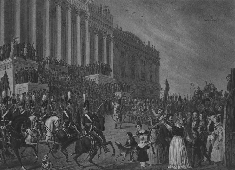 Lithograph of the Presidential inauguration of William Henry Harrison, in Washington, DC on the 4th of March 1841, Washington, DC, 1841. From the New York Public Library. (Photo by Smith Collection/Gado/Getty Images).