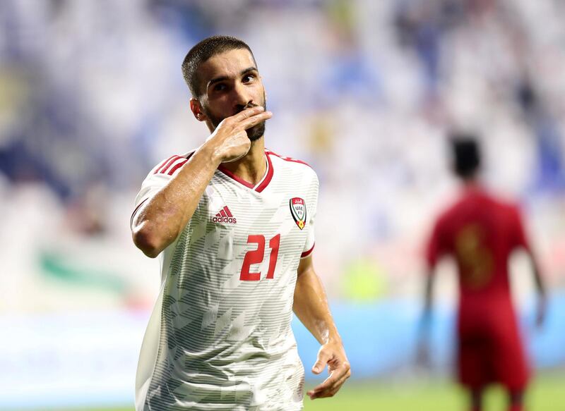 Dubai, United Arab Emirates - October 10, 2019: UAE's Tariq Hassan scores during the Qatar 2022 world cup qualifier between The UAE and Indonesia. Thursday 10th of October. Al Maktoum Stadium, Dubai. Chris Whiteoak / The National