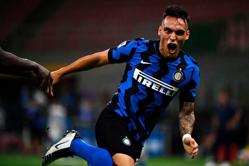 Inter Milan's Argentinian forward Lautaro Martinez celebrates after scoring. AFP