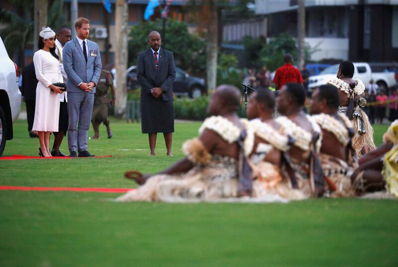 Britain’s Prince Harry and Meghan, the Duchess of Sussex attend an official welcome ceremony at Albert Park as they arrive in Suva, Fiji October 23, 2018. REUTERS/Phil Noble
