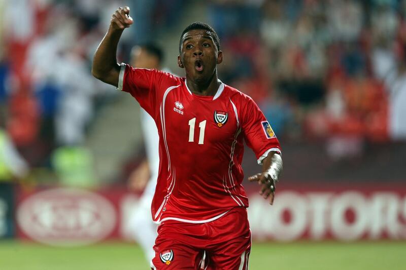 Khaled Khalfan, celebrates UAE's equaliser against Honduras. Sammy Dallal / The National)