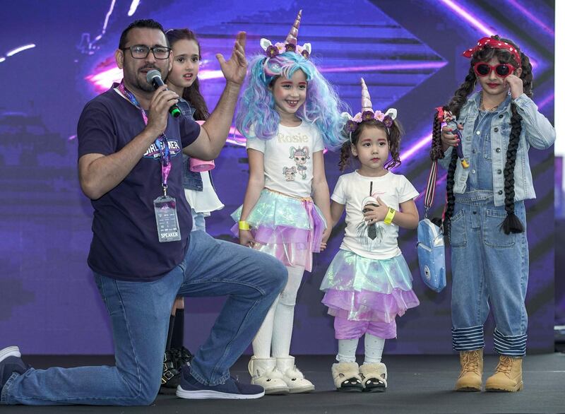 Dubai, United Arab Emirates, February 21, 2020.  
Cosplay at Esports Festival World Finals at Meydan Grandstand, Dubai.  (center)  Little Girl Cosplay Grand Prize winners, The Unicorn Sisters, Rosie and Sophie.
Victor Besa / The National
Section:  WK
Reporter:  None