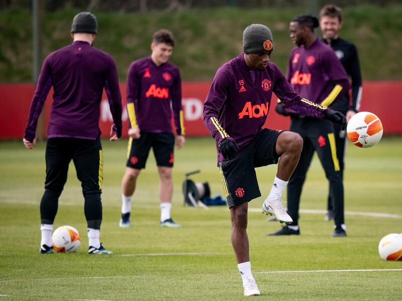 MANCHESTER, ENGLAND - APRIL 14: Amad of Manchester United in action during a first team training session at Aon Training Complex on April 14, 2021 in Manchester, England. (Photo by Ash Donelon/Manchester United via Getty Images)