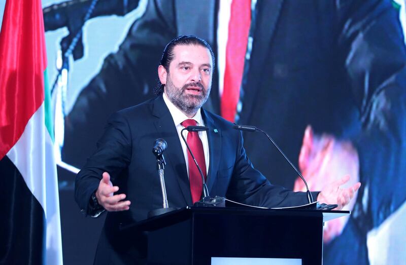 ABU DHABI,  UNITED ARAB EMIRATES , OCTOBER 7  – 2019 :- Saad Hariri, Prime Minister of Lebanon speaking during the UAE-Lebanon Investment Conference held at the The St Regis Saadiyat Resort in Abu Dhabi. ( Pawan Singh / The National ) For News. Story by Khaled Yacoub