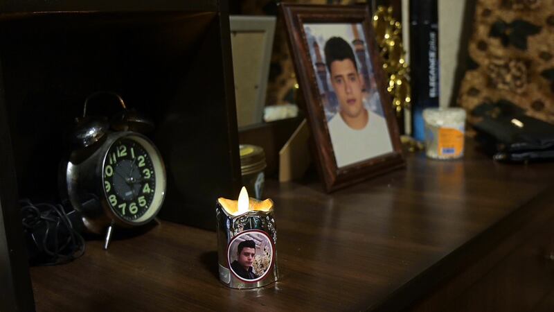 A small shrine in the family home of Ibrahim Amin, who lost his life while working as a manual labourer at the Beirut port in the explosion on August 4 2020.