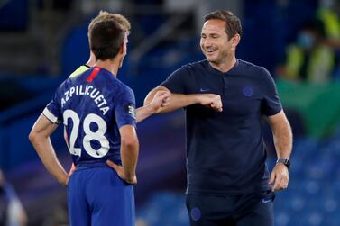 Chelsea's head coach Frank Lampard gestures with players following their English Premier League soccer match between Chelsea and Manchester City at Stamford Bridge, in London, England, Thursday, June 25, 2020. (AP Photo/Paul Childs,Pool)