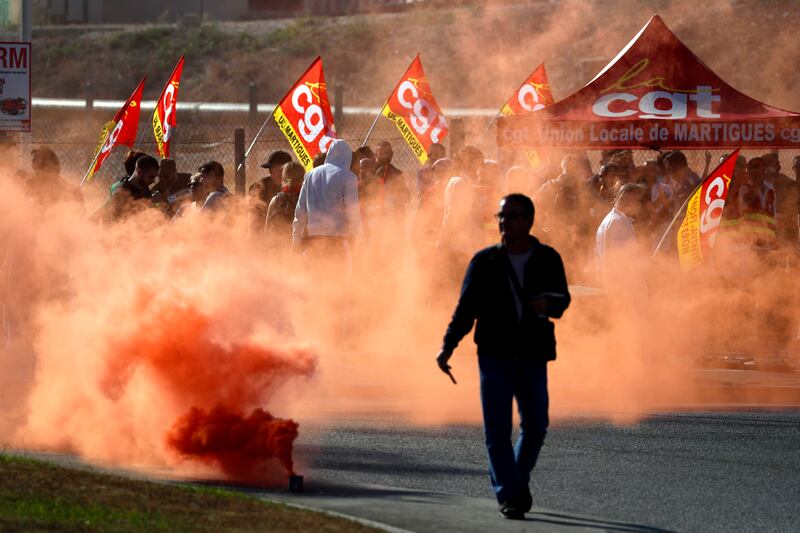 Workers from TotalEnergies and Esso ExxonMobil during a protest called by the CGT union outside TotalEnergies refinery in La Mede, Chateau Neuf les Martigues, France. EPA