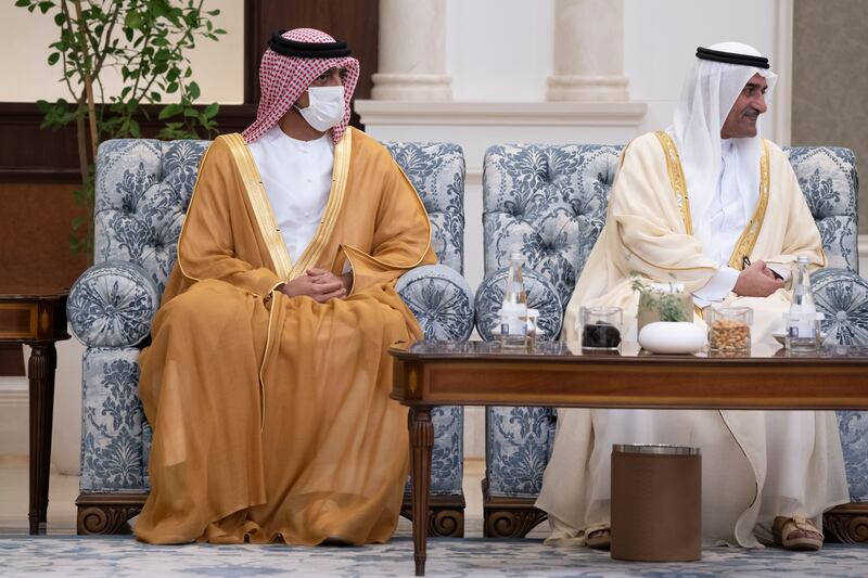 Sheikh Ammar bin Humaid Al Nuaimi, Crown Prince of Ajman, left, and Sheikh Mohammed bin Hamad Al Sharqi, Crown Prince of Fujairah. Photo: Abdulla Al Neyadi for the Ministry of Presidential Affairs