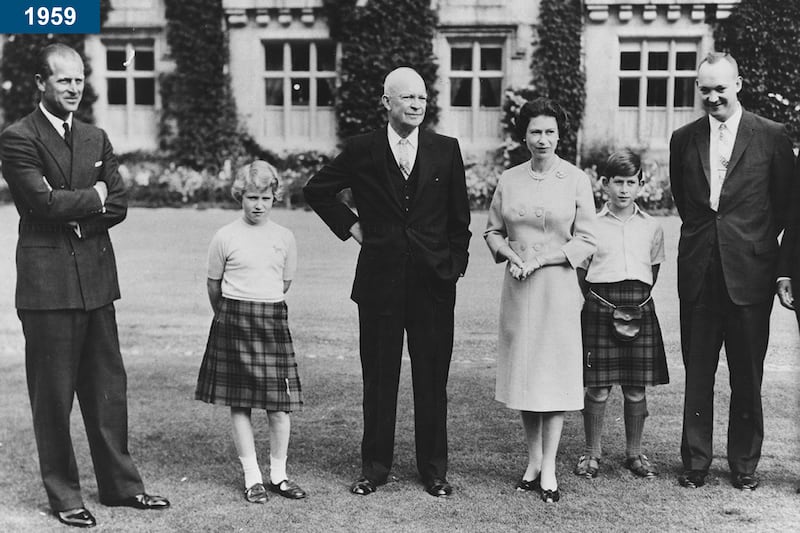 1959: US president Dwight D Eisenhower with Prince Philip, Princess Anne, the queen, Prince Charles and John Eisenhower, at Balmoral Castle, Scotland.