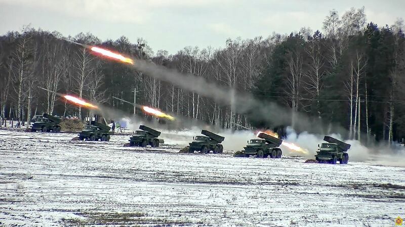 Rockets are launched during joint military exercises of the armed forces of Russia and Belarus at the Brestsky training ground near Brest, Belarus. EPA