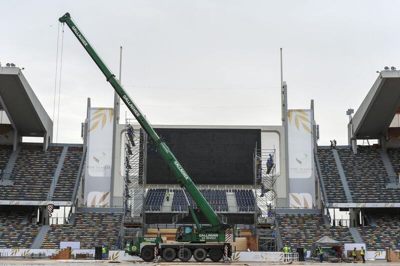Abu Dhabi, United Arab Emirates - Preparations in full wing at Zayed Sports Stadium for the Papal mass on Tuesday February 5 in Abu Dhabi,  February 3, 2019. Khushnum Bhandari for The National