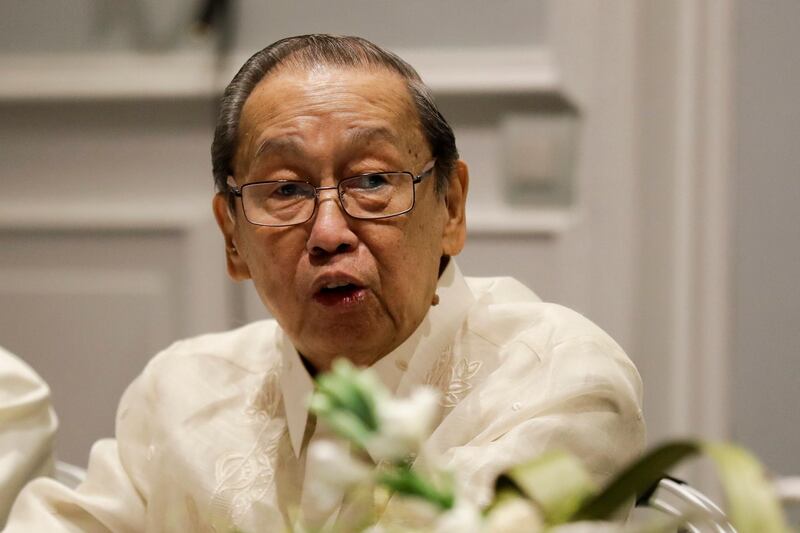 FILE - In this Jan. 19, 2017, file photo, Communist Party of the Philippines leader Jose Maria Sison delivers his speech during the formal opening of the Philippines peace talks in Rome. Communist guerrillas in the Philippines said Wednesday, March 25, 2020, they would observe a ceasefire in compliance with the U.N. chief's call for a global halt in armed clashes during the coronavirus pandemic. New Peopleâ€™s Army guerrillas have been ordered to stop assaults and shift to a defensive position from Thursday to April 15, the Communist Party of the Philippines said in a statement. (AP Photo/Andrew Medichini, File)