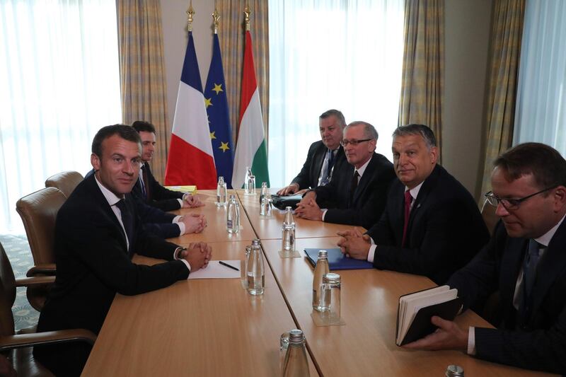 French President Emmanuel Macron (left) meets with Hungary's Prime Minister Viktor Orban during an EU-Western Balkans Summit in Sofia. Ludovic Marin / AFP