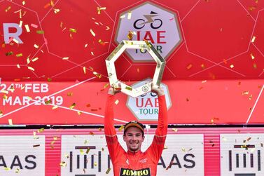 Primoz Roglic, of Slovenia, celebrates winning the inaugural UAE Tour in March. AFP