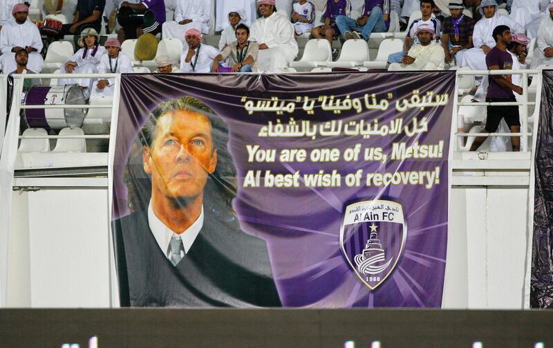Al Ain fans send a message of support to Al Wasl manager Bruno Metsu during the Etisalat Pro League match between Dibba Al Fujairah and Al Ain at Khalifa bin Zayed Stadium, Al Ain on the 21st October 2012. Credit: Jake Badger for The National


