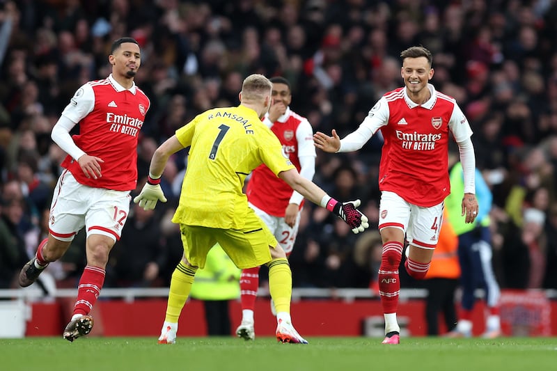 Arsenal's Ben White celebrates with goalkeeper Aaron Ramsdale after scoring. Getty