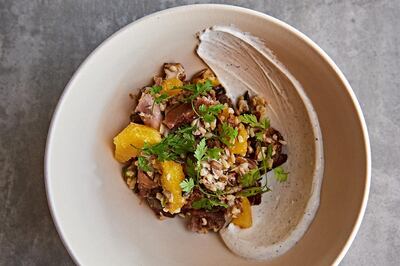 Broken wheat salad, crispy duck leg, toasted seeds, blood orange, spiced labneh. Courtesy Lowe