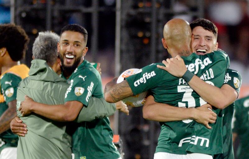 Palmeiras' Felipe Melo celebrates winning the Copa Libertadores with teammates. Reuters