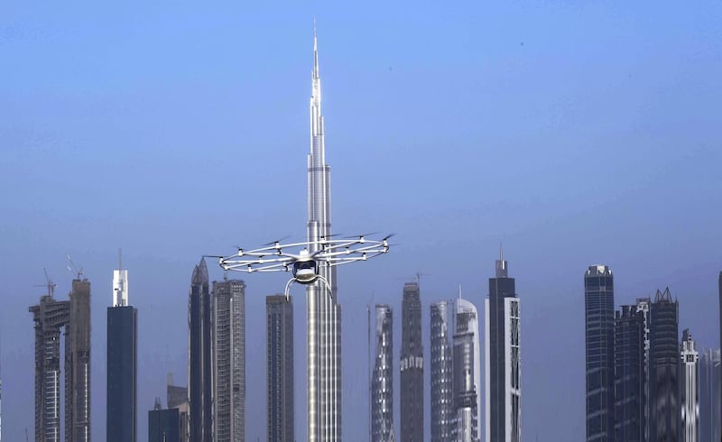 The Volocopter measures about two metres in height, and the diameter of the rotor rim, including propellers, is just over seven metres. Courtesy Dubai Media Office
