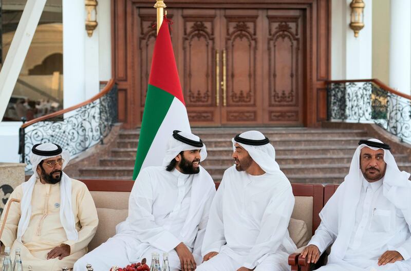 ABU DHABI, UNITED ARAB EMIRATES - February 19, 2018: HH Sheikh Mohamed bin Zayed Al Nahyan Crown Prince of Abu Dhabi Deputy Supreme Commander of the UAE Armed Forces (3rd L), meets with Sheikh Sultan bin Sehaim Al Thani, Leader of Qatar's opposition (2nd L), during a Sea Palace barza. Seen with HH Sheikh Tahnoon bin Mohamed Al Nahyan, Ruler's Representative in Al Ain Region (L). 
( Ryan Carter for the Crown Prince Court - Abu Dhabi )
---