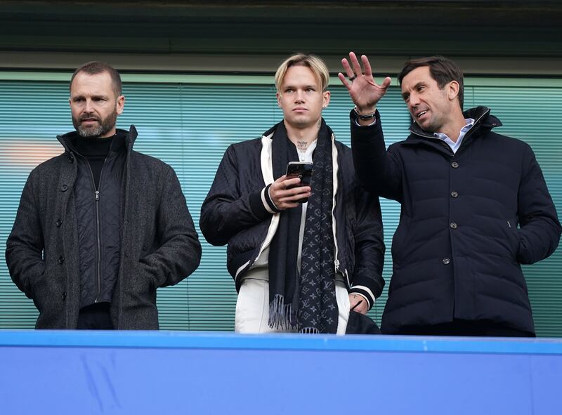 Mykhailo Mudryk in the stands ahead of the Crystal Palace match at Stamford Bridge. PA