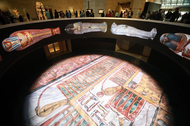 People visit the National Museum of Egyptian Civilisation during its reopening in Cairo, Egypt. The museum reopened a day after a parade of 22 ancient  Egyptian royal mummies - 18 kings and four queens - from the Egyptian Museum in Tahrir Square to their new resting place. EPA