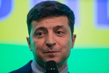 Volodymyr Zelenskiy, comedian and presidential candidate, speaks to members of the media following election results in Kiev, Ukraine, on Sunday, March 31, 2019. Bloomberg