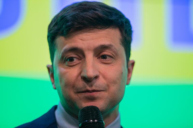 Volodymyr Zelenskiy, comedian and presidential candidate, speaks to members of the media following election results in Kiev, Ukraine, on Sunday, March 31, 2019. Ukraine's leader Petro Poroshenko will face a runoff next month against Zelenskiy to hold on to the presidency, according to an exit poll following the first round of elections on Sunday. Photographer: Taylor Weidman/Bloomberg