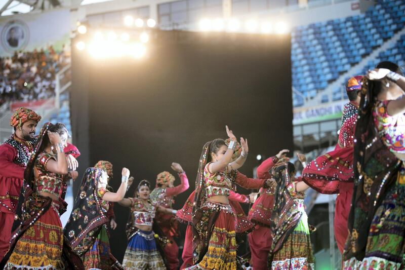 DUBAI, UNITED ARAB EMIRATES - JANUARY 11, 2019.
 
Indian cultural dances  performed ahead of Rahul Gandhi's speech today at Dubai International Cricket Stadium.

(Photo by Reem Mohammed/The National)

Reporter: Ramola Talwar.
Section:  NA