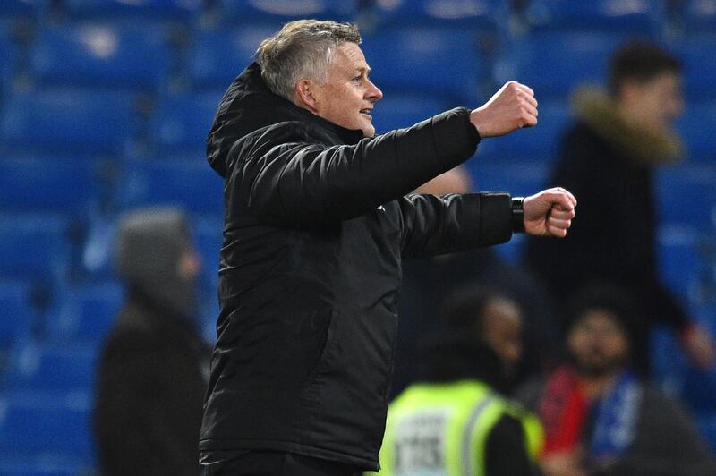 Manchester United manager Ole Gunnar Solskjaer celebrates after the win. AFP