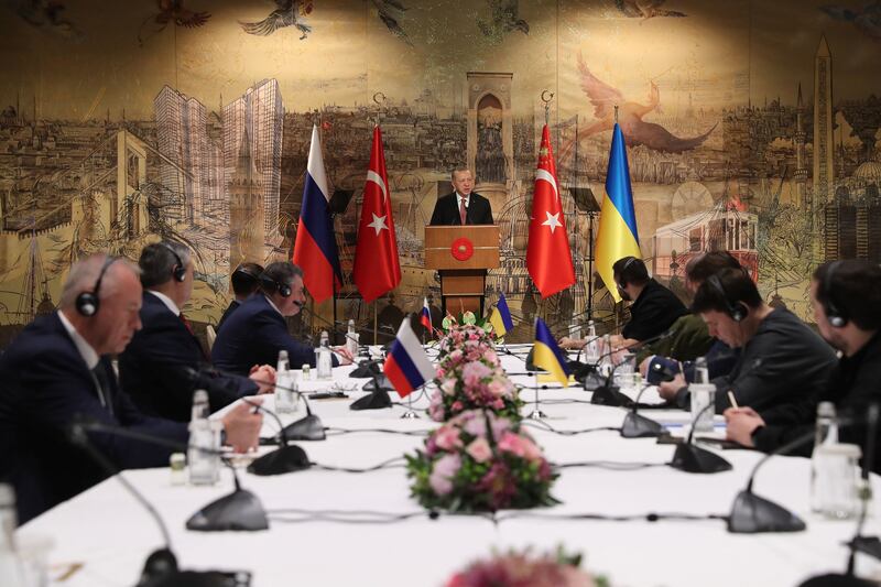 Turkish President Recep Tayyip Erdogan opens Ukrainian-Russian talks in Istanbul. President Erdogan told the delegations that "both parties have legitimate concerns." AFP