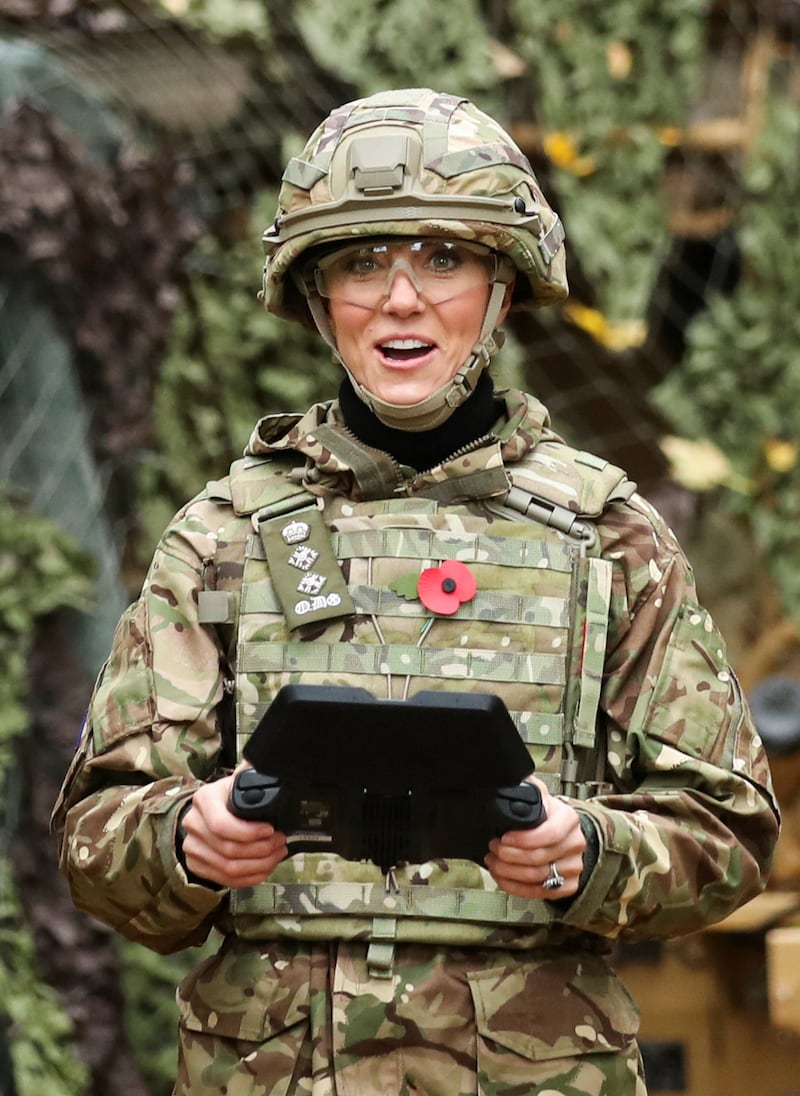 Catherine flies a drone as she visits The Queen's Dragoon Guards Regiment for the first time as their Colonel-in-Chief in November 2023