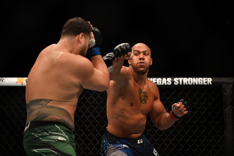 Tai Tuivasa blocks a punch from Ciryl Gane during their UFC heavyweight fight. AFP