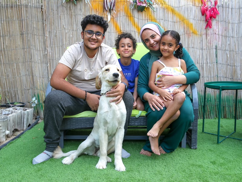 Dubai resident Wessam El Zairy with her children Mohamed, 16, Zeineldin, eight, Laila, six, and their pet dog Dahab. All photos: Victor Besa / The National