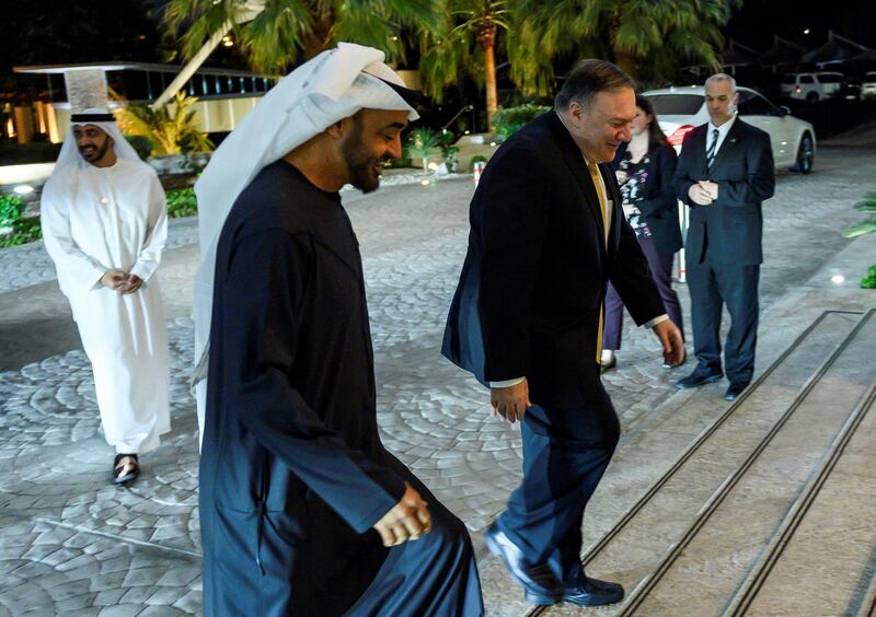 Sheikh Mohamed bin Zayed greets Mike Pompeo upon his arrival at Al Shati Palace. Andrew Caballero-Reynolds / Reuters