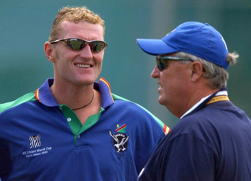 EDITORIAL USE ONLY - NO COMMERCIAL SALES : Namibia cricket coach and Warwickshire vice-captain Dougie Brown (left) speaks with ICC development officer and former Warwickshire coach Bob Woolmer during a Namibia net session at Port Elizabeth, South Africa.  Namibia play England at the city's St George's Park on wednesday.