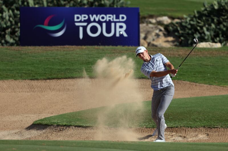 Nicolai Hojgaard plays his third shot on the 10th from the bunker during day four of the Ras Al Khaimah Championship presented by Phoenix Capital at Al Hamra Golf Club. Getty