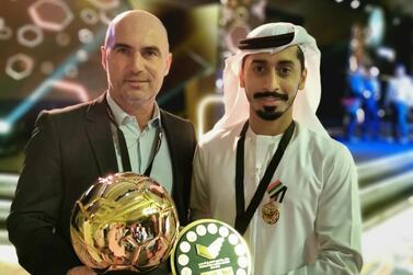 Al Jazira playmaker Khalfan Mubrak, right, was named the Arabian Gulf League’s Emirati of the year for the 2018/19 season at the AGL Awards in Dubai last week. Courtesy Seven Media