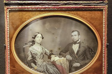 Abu Dhabi, April 23, 2019. Photographs 1842-1896: An early album of the world at Louvre Abu Dhabi. -- Benjamin Franklin Pease (1822-1888) Portrait of a couple Lima, Peru, 1852-56 Daguerreotype Paris, musée du quai Branly-Jacques Chirac Victor Besa/The National Section: Arts & Life Reporter: Melissa Gronlund