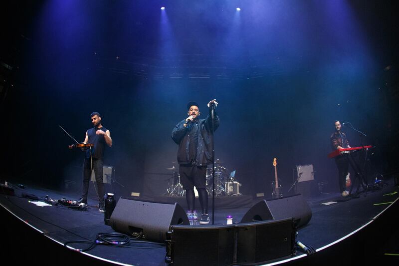 LONDON, ENGLAND - MARCH 07: Haig Papazian, Hamed Sinno and Firas Abou Fakher of Mashrou' Leila perform at The Roundhouse on March 07, 2019 in London, England. (Photo by Burak Cingi/Redferns/Getty Images)