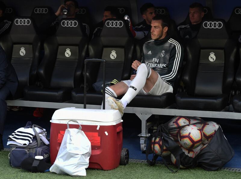 MADRID, SPAIN - MAY 19:  Gareth Bale of Real Madrid looks on from the substitute bench before the La Liga match between Real Madrid CF and Real Betis Balompie at Estadio Santiago Bernabeu on May 19, 2019 in Madrid, Spain. (Photo by Denis Doyle/Getty Images)