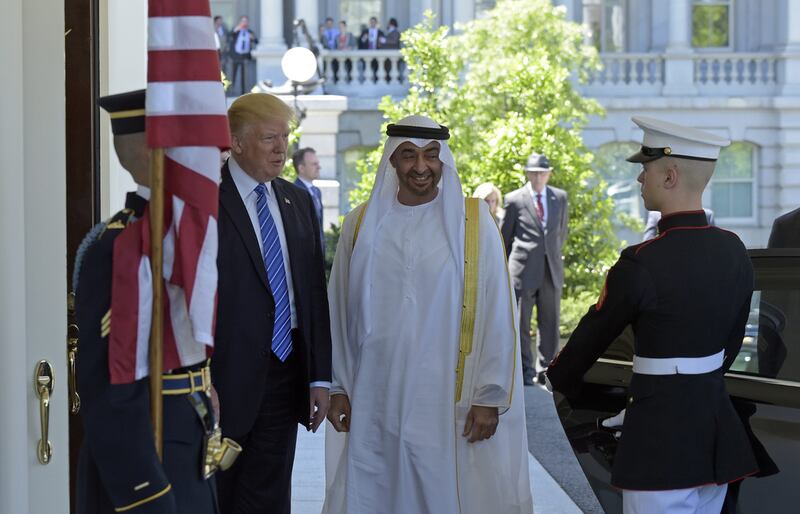 President Donald Trump welcomes Sheikh Mohammed bin Zayed, Crown Prince of Abu Dhabi and Deputy Supreme Commander of the Armed Forces, to the White House in Washington on Monday. Susan Walsh / AP Photo