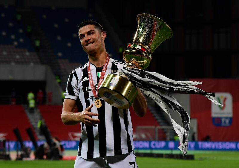 Juventus star Cristiano Ronaldo celebrates winning the Coppa Italia after the 2-1 victory against Atalanta. Getty