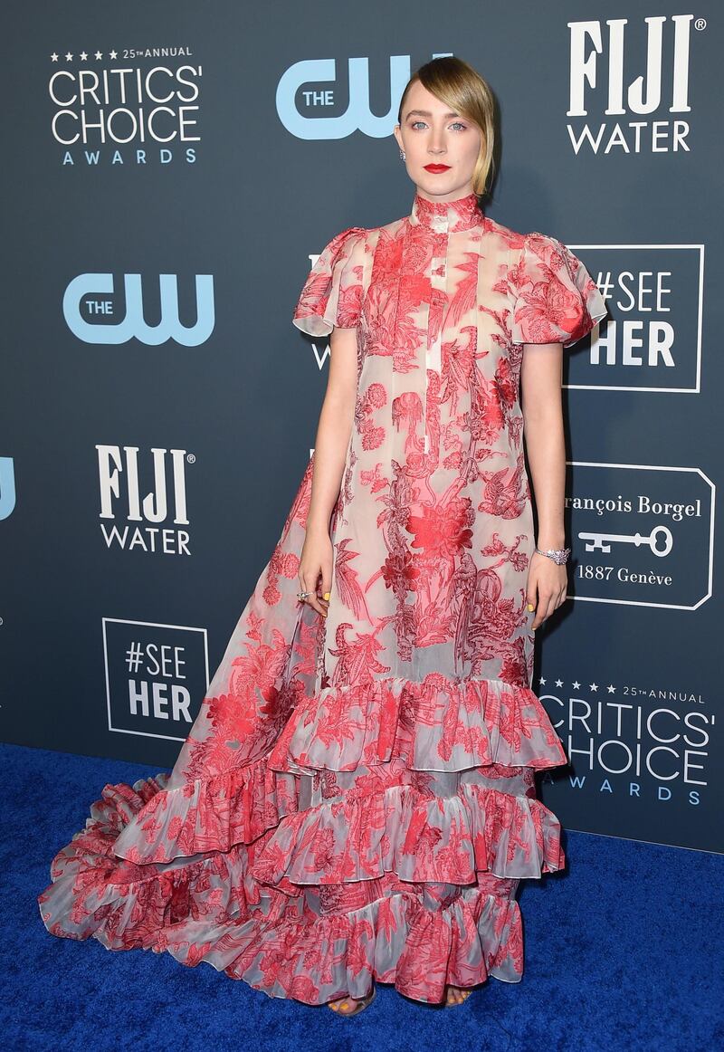 Saoirse Ronan, wearing Erdem, arrives at the 25th annual Critics' Choice Awards on Sunday, January 12, 2020. AP