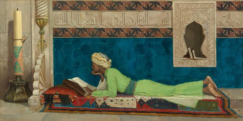 Osman Hamdi Bey’s 1878 painting ‘Young Emir Studying’ depicts a young man reading a manuscript. While the character and the setting look very specific, the story behind the painting reveals that it is an imaginary scene created by the artist. DCT Abu Dhabi / Agence PhotoF