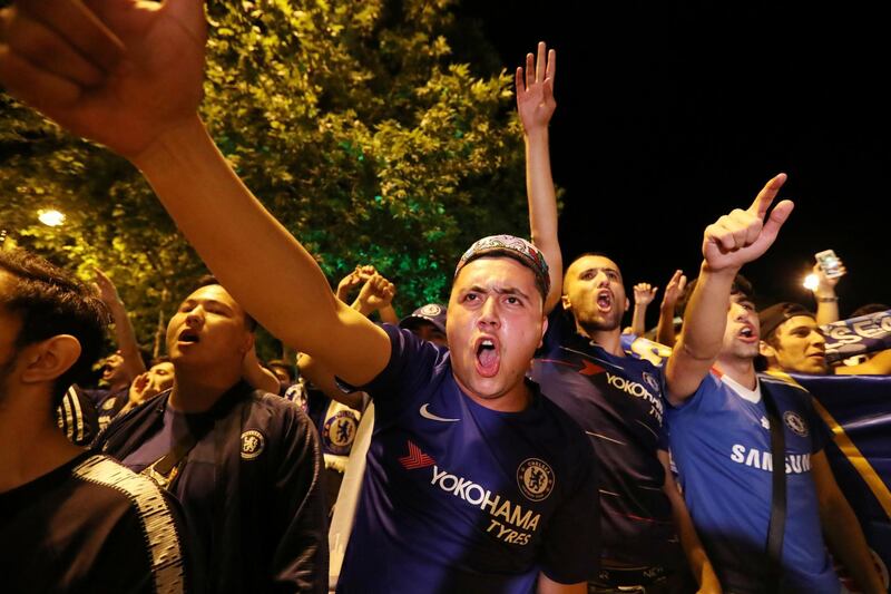 Chelsea fans cheer as the Chelsea squad arrive in Baku ahead of the Europa League final. Reuters
