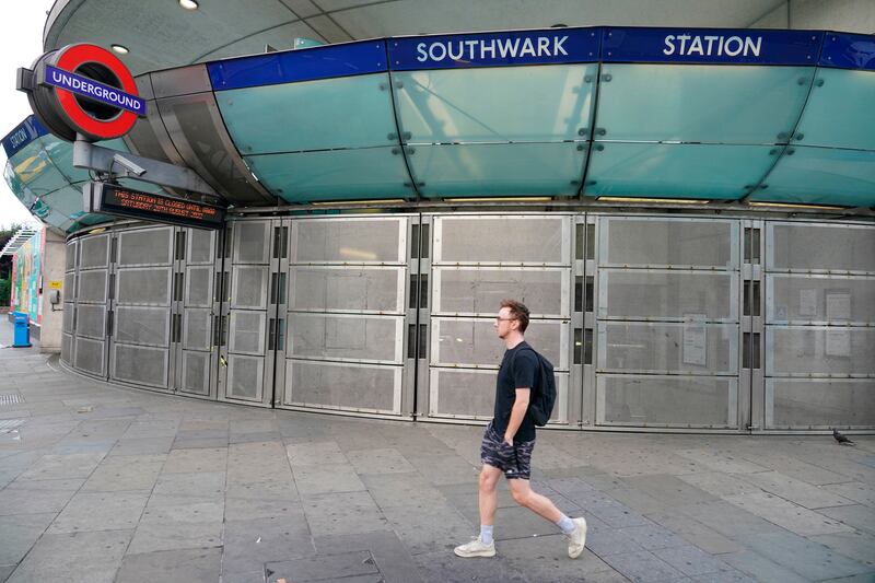 Southwark underground station, closed due to strike action, in London. AP