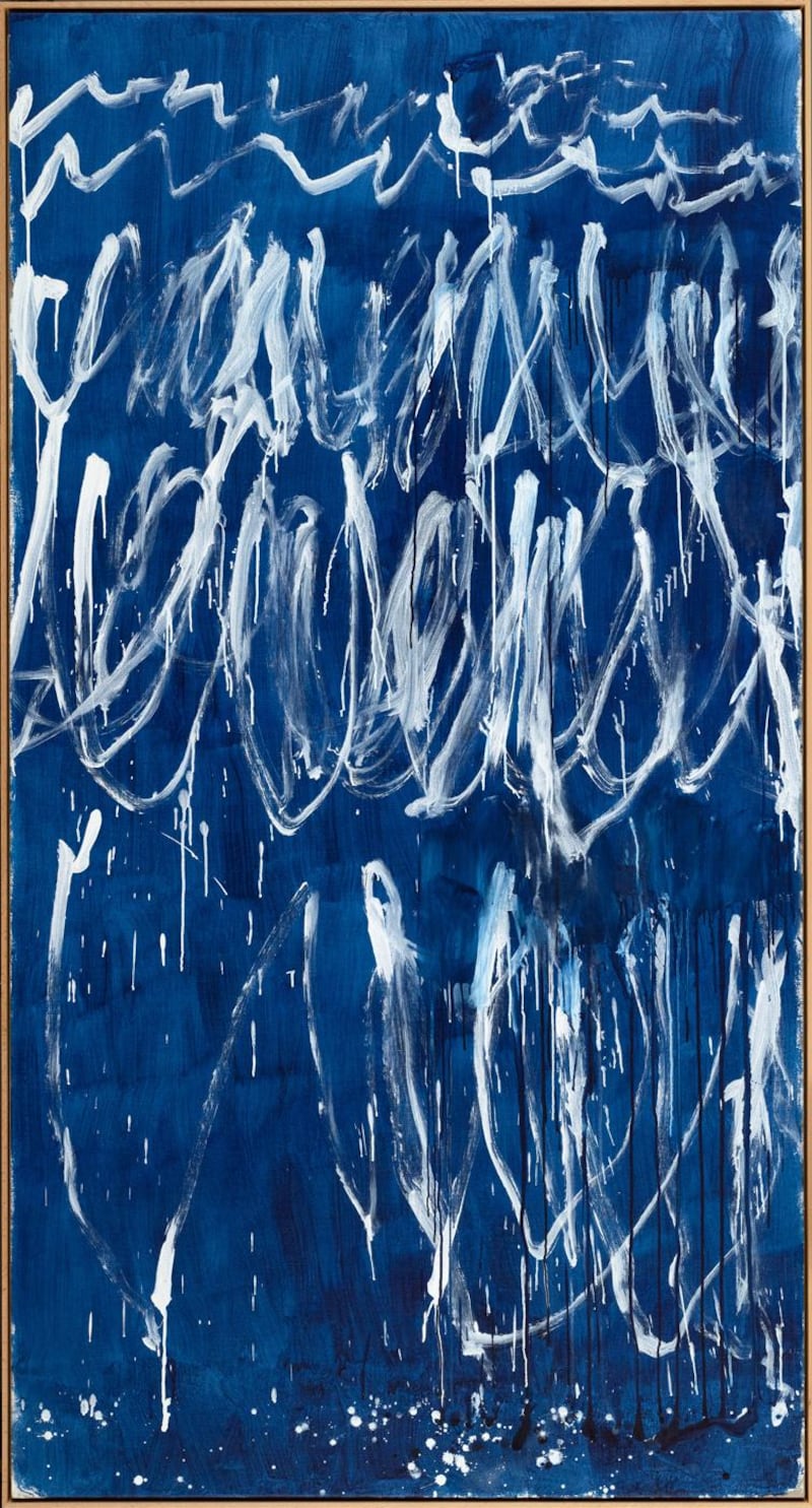 This is one of a series of nine pieces ‘(Untitled I-IX)’ by American painter Cy Twombly, from 2008. Painted in white on blue, the canvas depicts an almost abstract form of musical expression that has blurred the lines between drawing and writing. DCT Abu Dhabi / Agence PhotoF / Cy Twombly Foundation