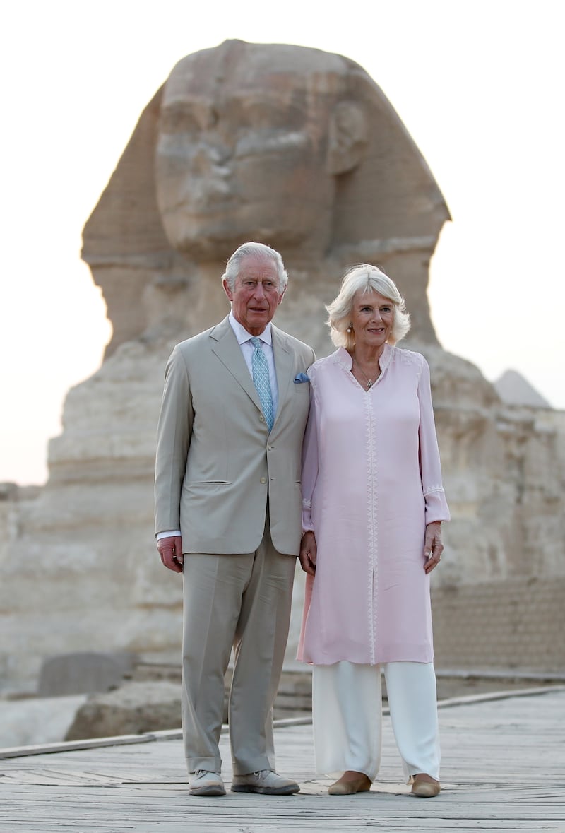 Camilla, Duchess of Cornwall, wore the same Anna Valentine tunic to tour the Great Sphinx of Giza, on the outskirts of Cairo, with Prince Charles. Reuters
